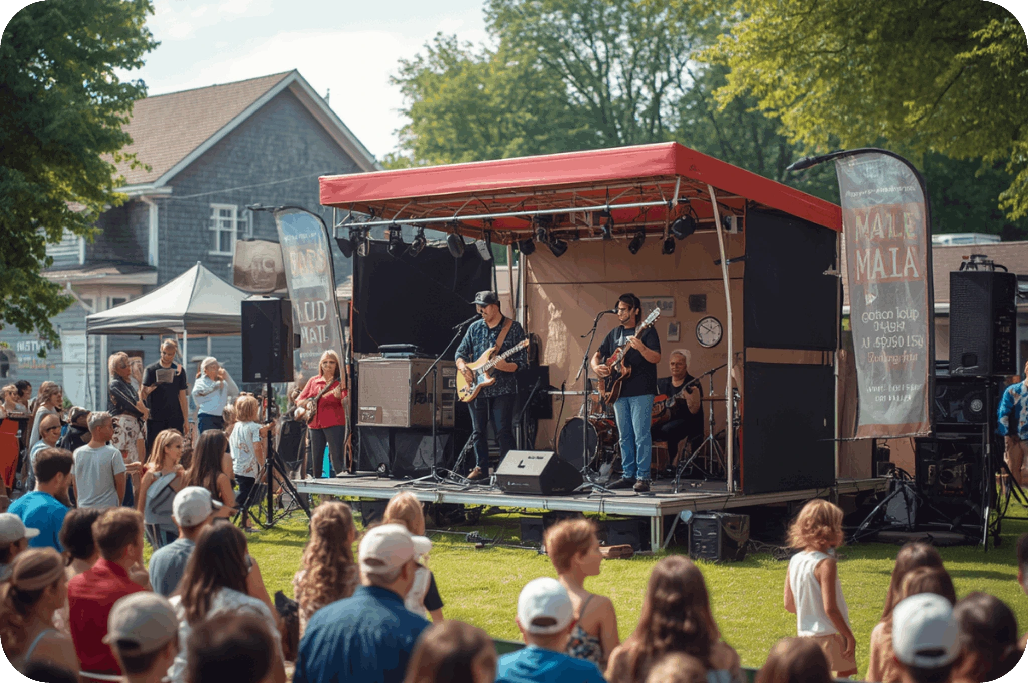 A small outside concert with a community watching